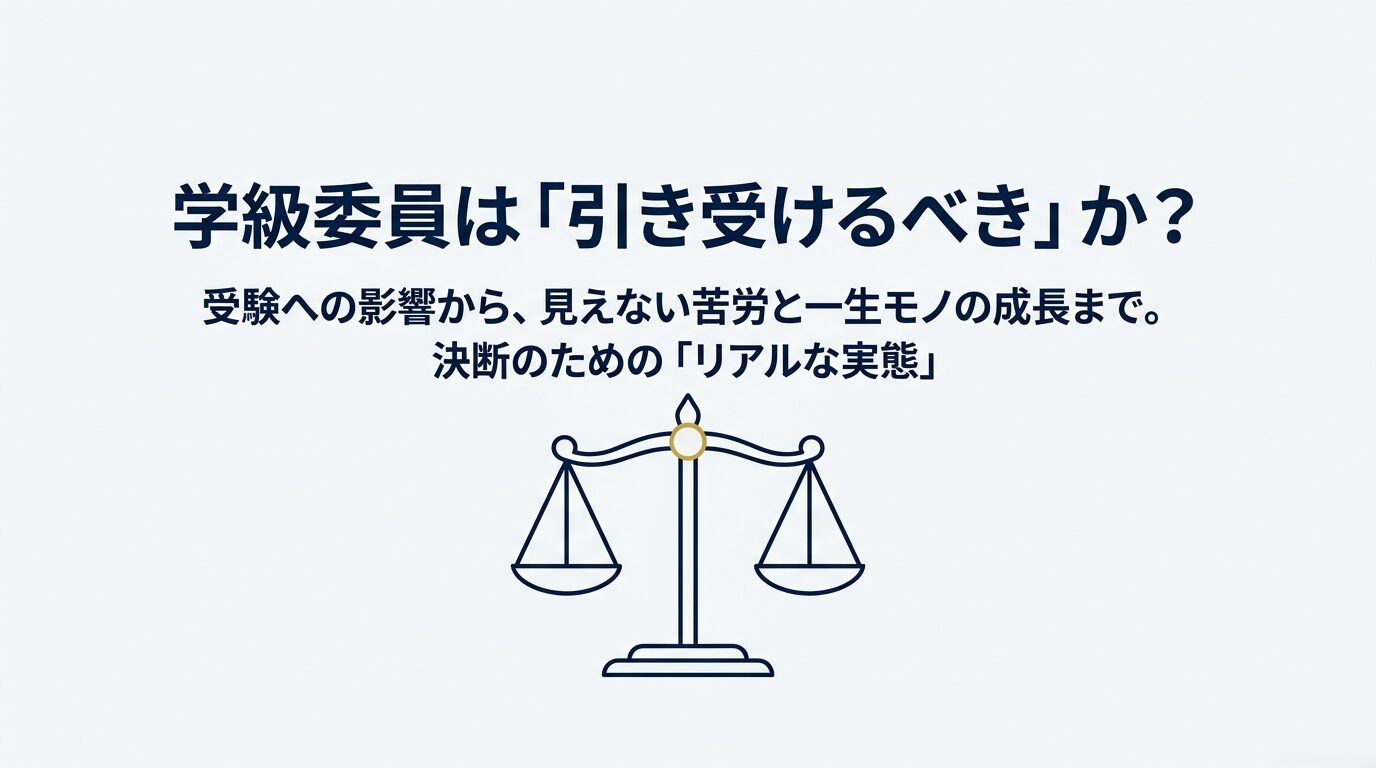 天秤のイラストとともに「学級委員は『引き受けるべき』か？」と書かれたタイトルスライド。受験への影響から成長の真実までを紐解く内容を示唆している。