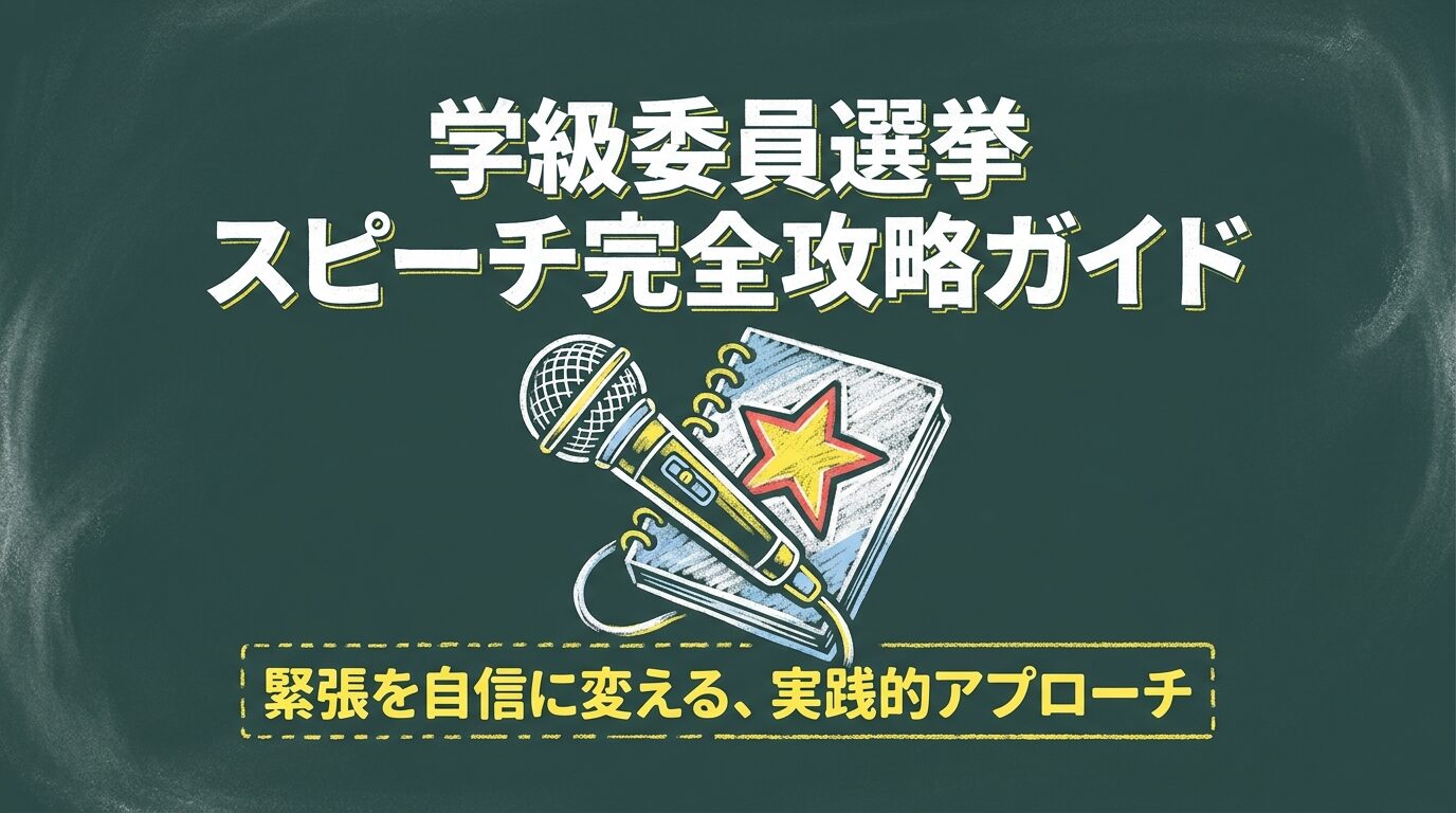 「学級委員選挙 スピーチ完全攻略ガイド」というタイトルと、マイク、星が描かれたノートのイラストがデザインされたスライド画像。