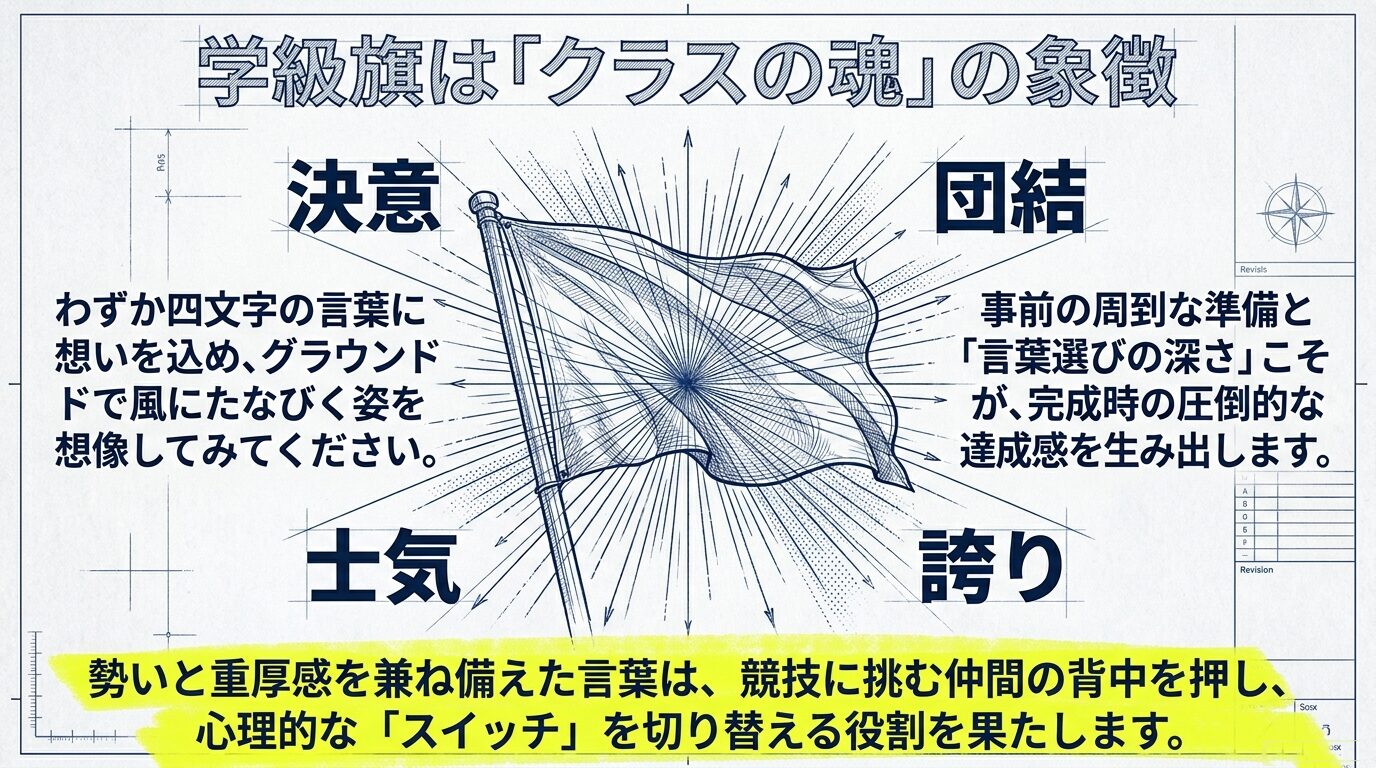 学級旗を中心に、「決意」「団結」「士気」「誇り」の4つの言葉が配置され、学級旗がクラスの魂の象徴であることを示す図解 。