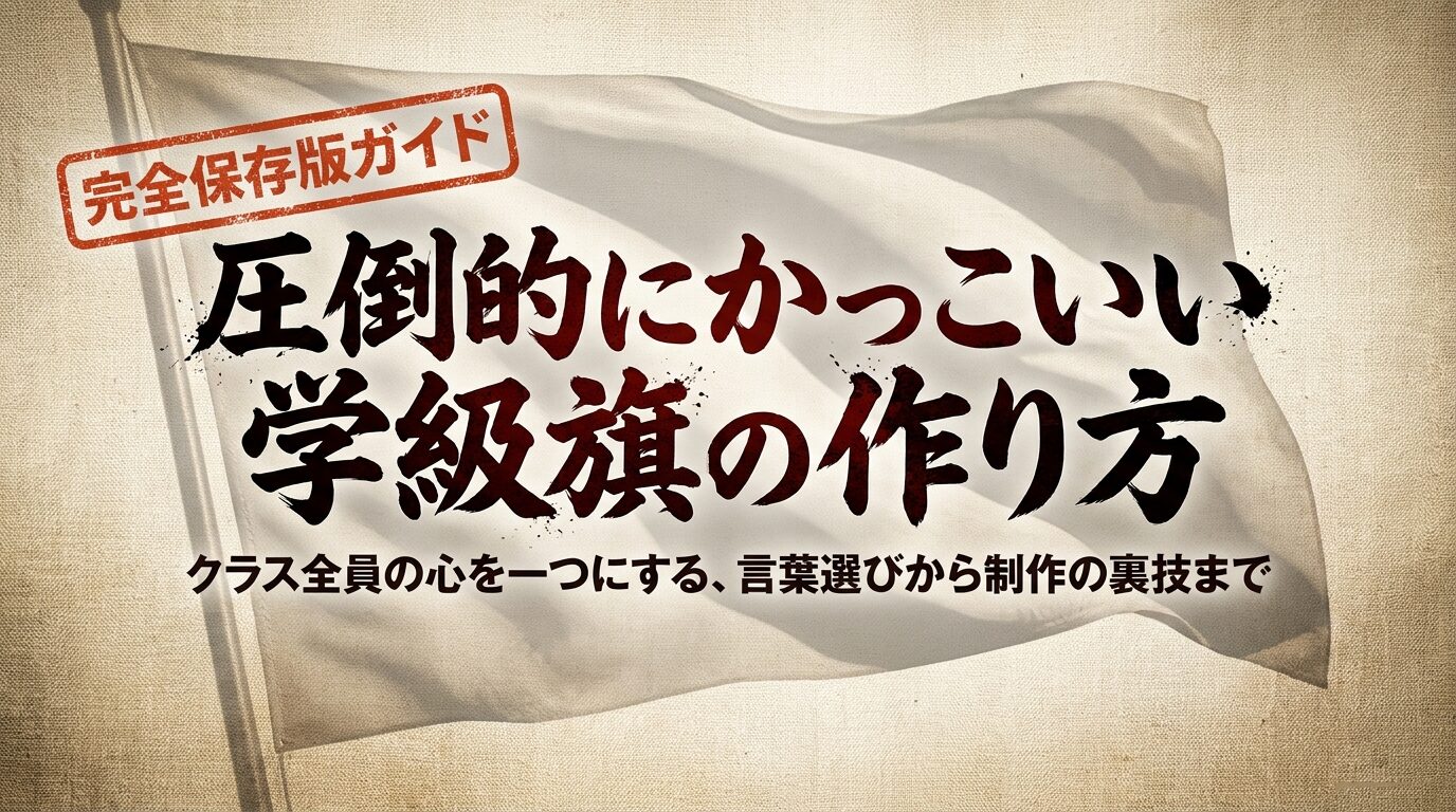 「完全保存版ガイド」「圧倒的にかっこいい学級旗の作り方」というタイトルが記載された、この記事のリード画像となるスライド 。