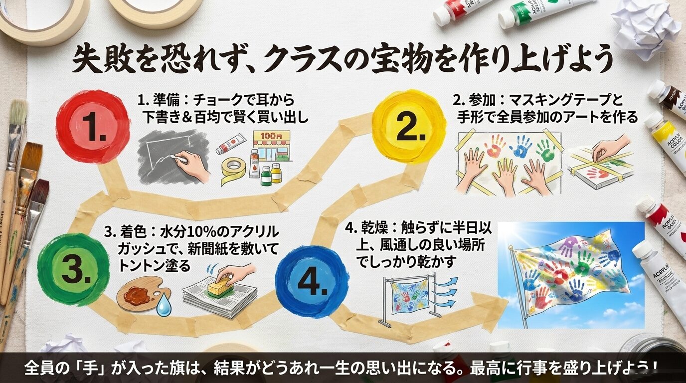 1.準備（耳から下書き）、2.参加（手形アート）、3.着色（水分10％）、4.乾燥（半日以上）の4工程で進める制作スケジュールのまとめ