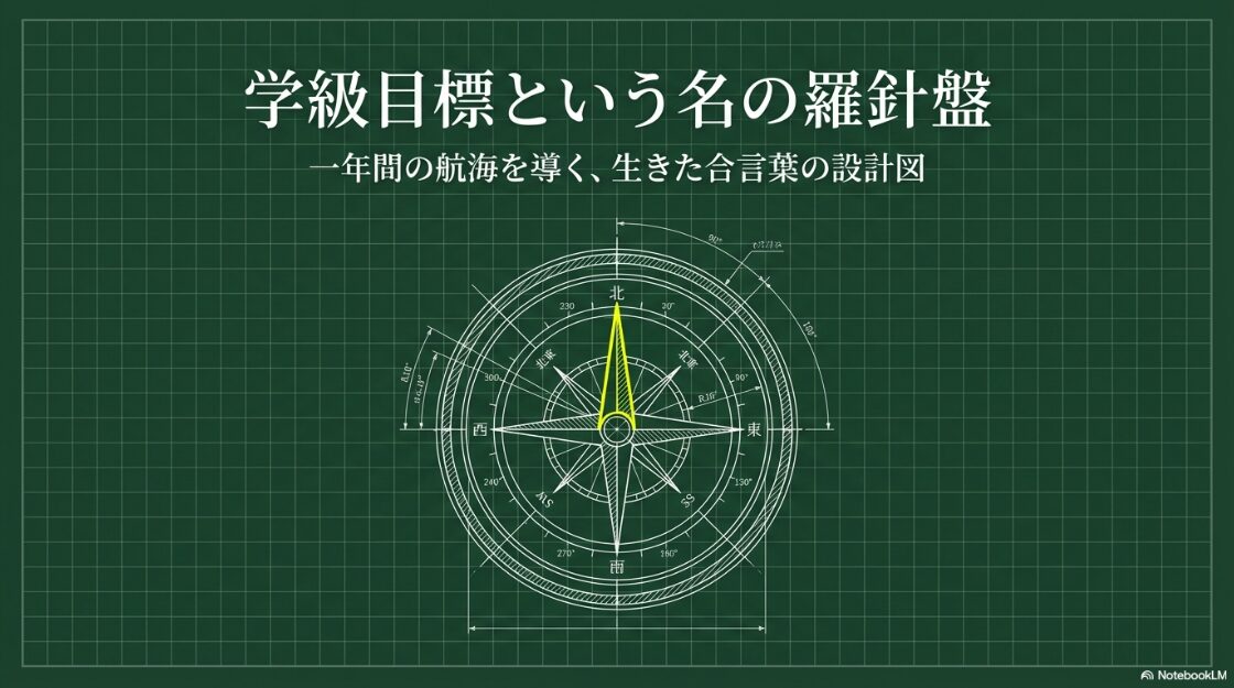 黒板に描かれた羅針盤のチョークアート。「学級目標という名の羅針盤 一年間の航海を導く、生きた合言葉の設計図」というタイトルが書かれている 。