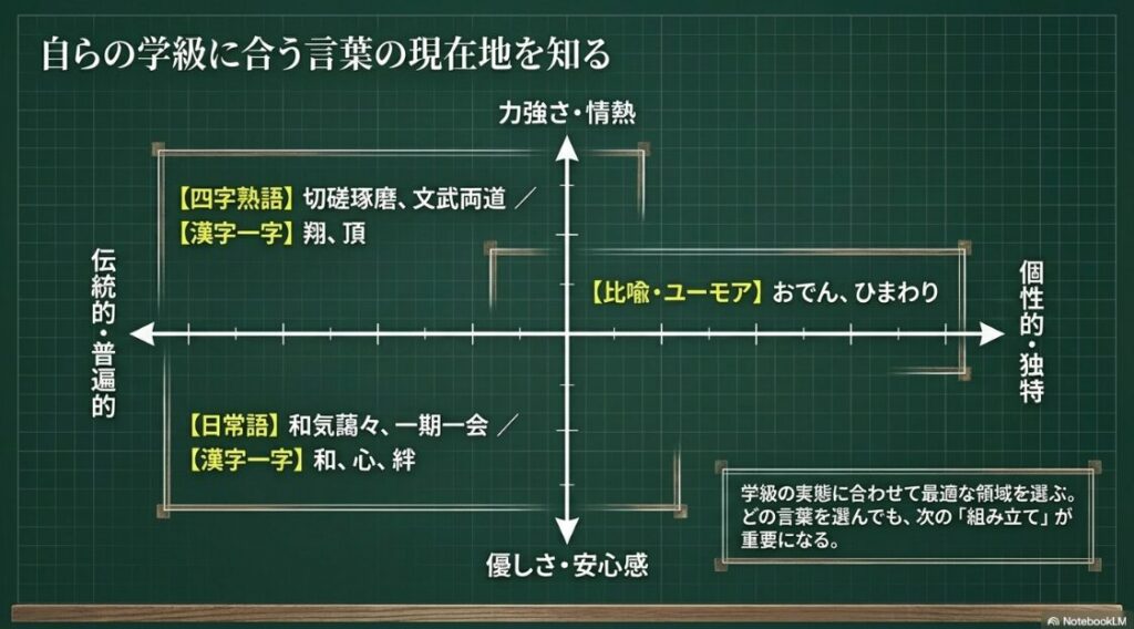 学級目標の言葉を「力強さ・情熱」「優しさ・安心感」「伝統的・普遍的」「個性的・独特」の4つの軸で分類し、現在の学級に合う言葉の領域を知るためのマトリックス図 。
