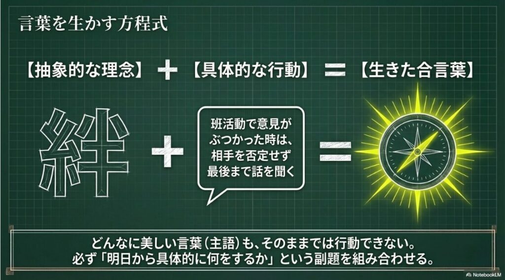 「抽象的な理念+具体的な行動=生きた合言葉」という方程式の図解。美しい言葉には、明日から具体的に何をするかという副題の組み合わせが必要であると解説している 。