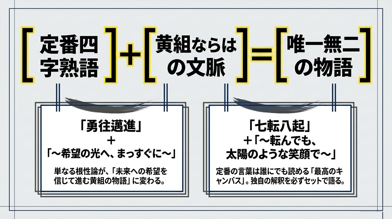 「勇往邁進」や「七転八起」といった定番の四字熟語に、黄色をイメージさせるサブタイトルを組み合わせてオリジナリティを出す手法の解説。