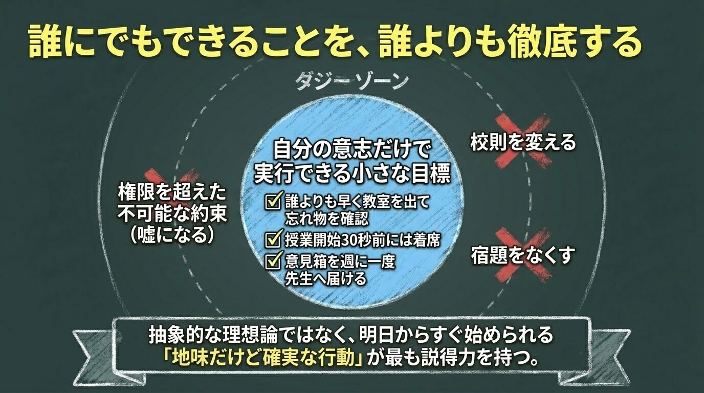 権限を超えた不可能な約束（校則変更など）は避け、忘れ物確認や30秒前着席といった「自分の意志で実行できる小さな目標」が説得力を持つことを解説したチェックリスト形式のスライド。