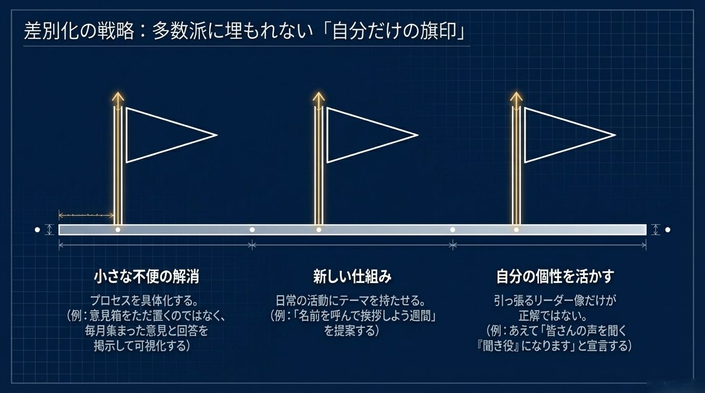 小さな不便の解消、プロセスの具体化、個性を活かしたサポート役など、多数派に埋もれないための3つの戦略。