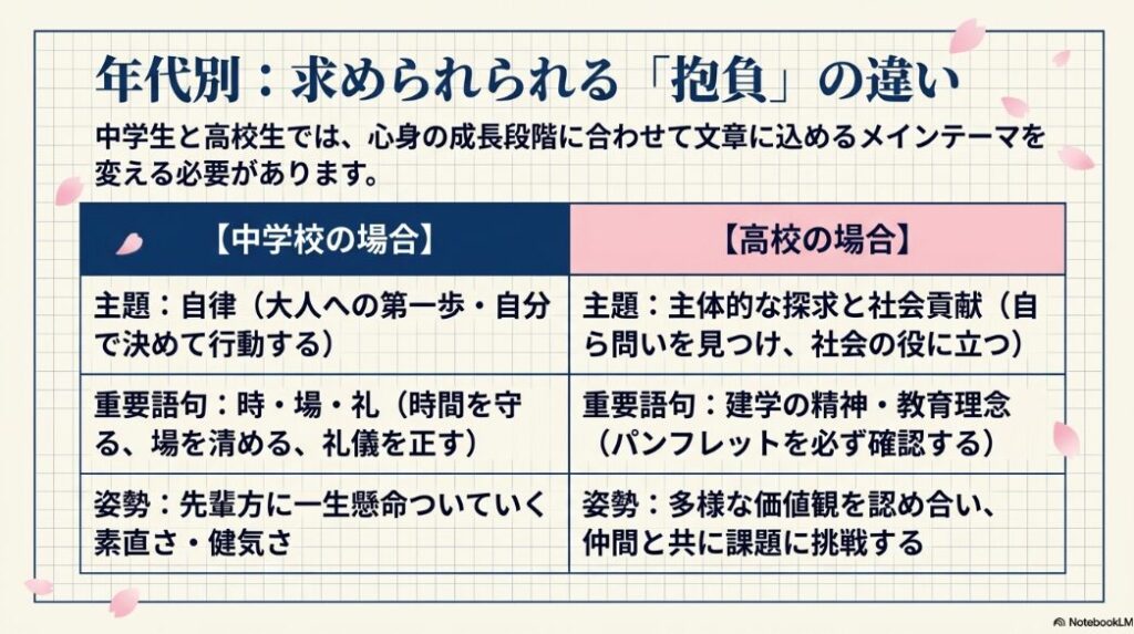 中学生と高校生で求められる抱負の違いの比較表（中学生は自律・時場礼、高校生は主体的な探求と社会貢献）