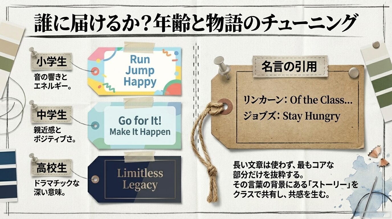 小学生（音・エネルギー）、中学生（名言引用）、高校生（ドラマチックな意味）といった発達段階別の言葉選びと、引用のコツ