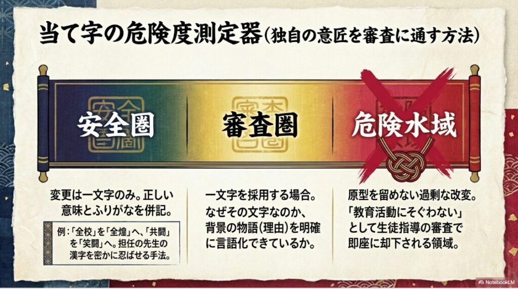 安全な当て字と却下される危険な当て字の基準を示す危険度測定器