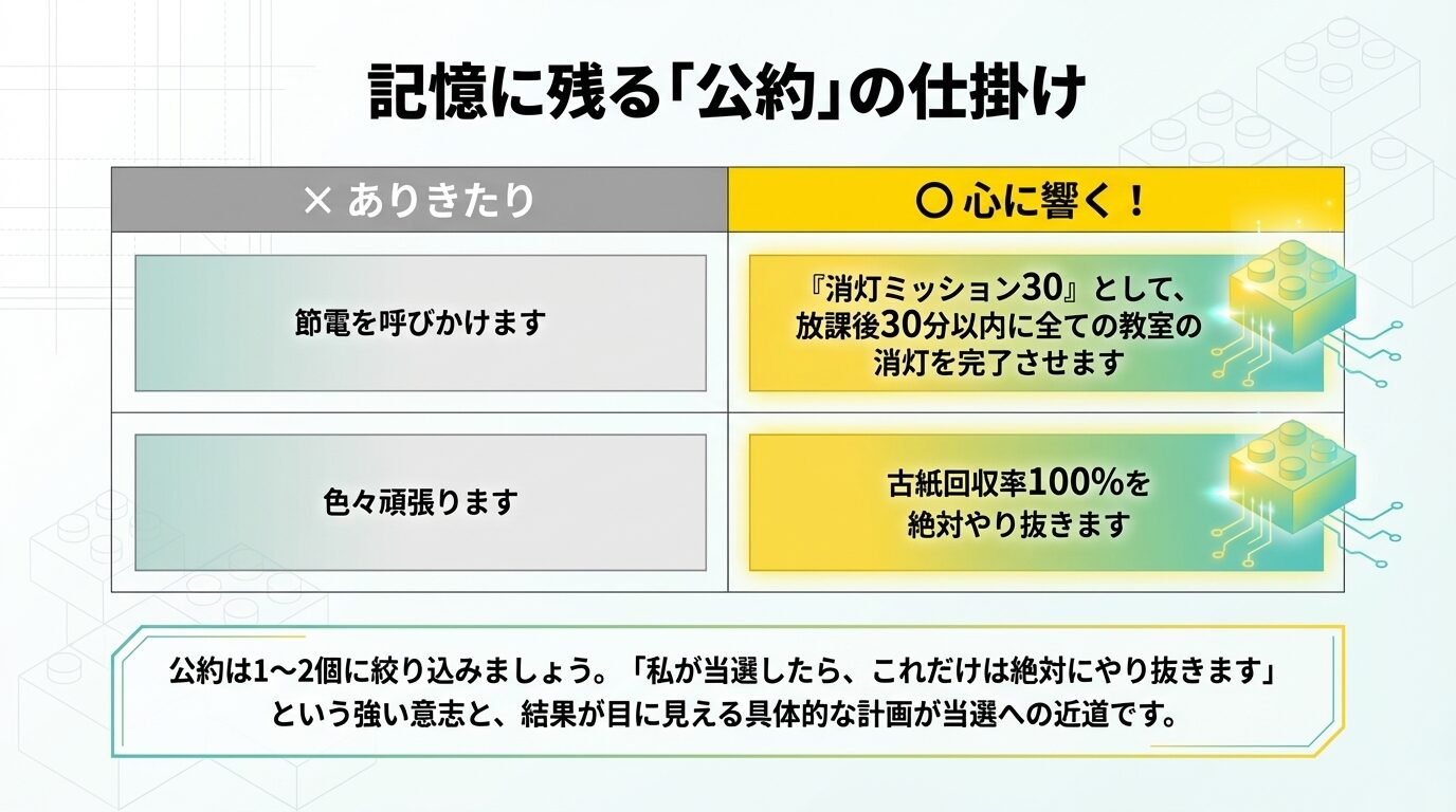 ありきたりな公約を、具体的でワクワクする名前に変える「仕掛け」のビフォーアフター比較図。