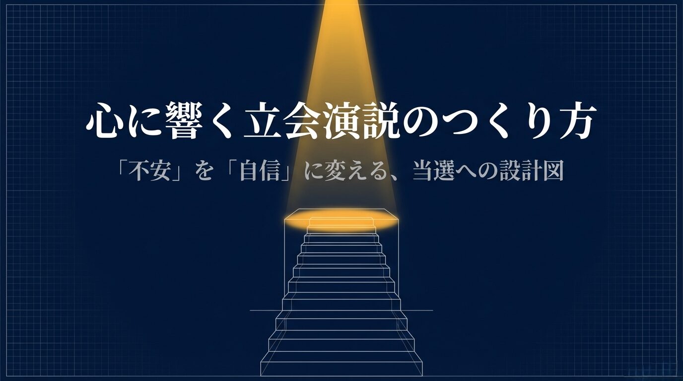 「心に響く立会演説のつくり方」というタイトルと、光の指す階段を登るイメージイラスト。