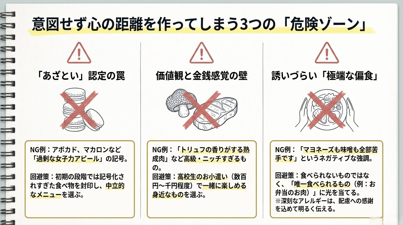 「あざとい認定」「価値観の壁」「極端な偏食」という、避けるべき3つのリスクと回避策のまとめ。