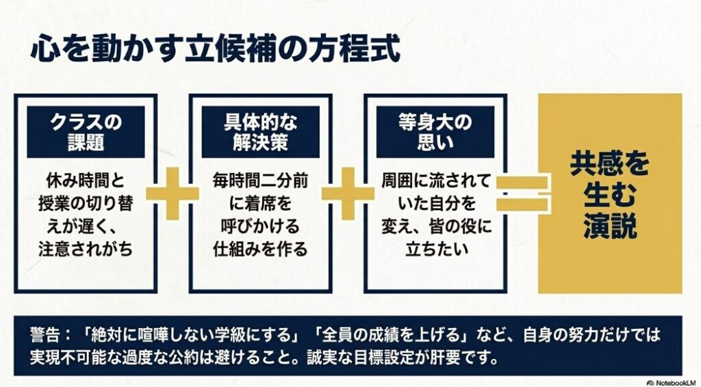 クラスの課題、具体的な解決策、等身大の思いを掛け合わせることで共感を生む演説になることを示した方程式の図解