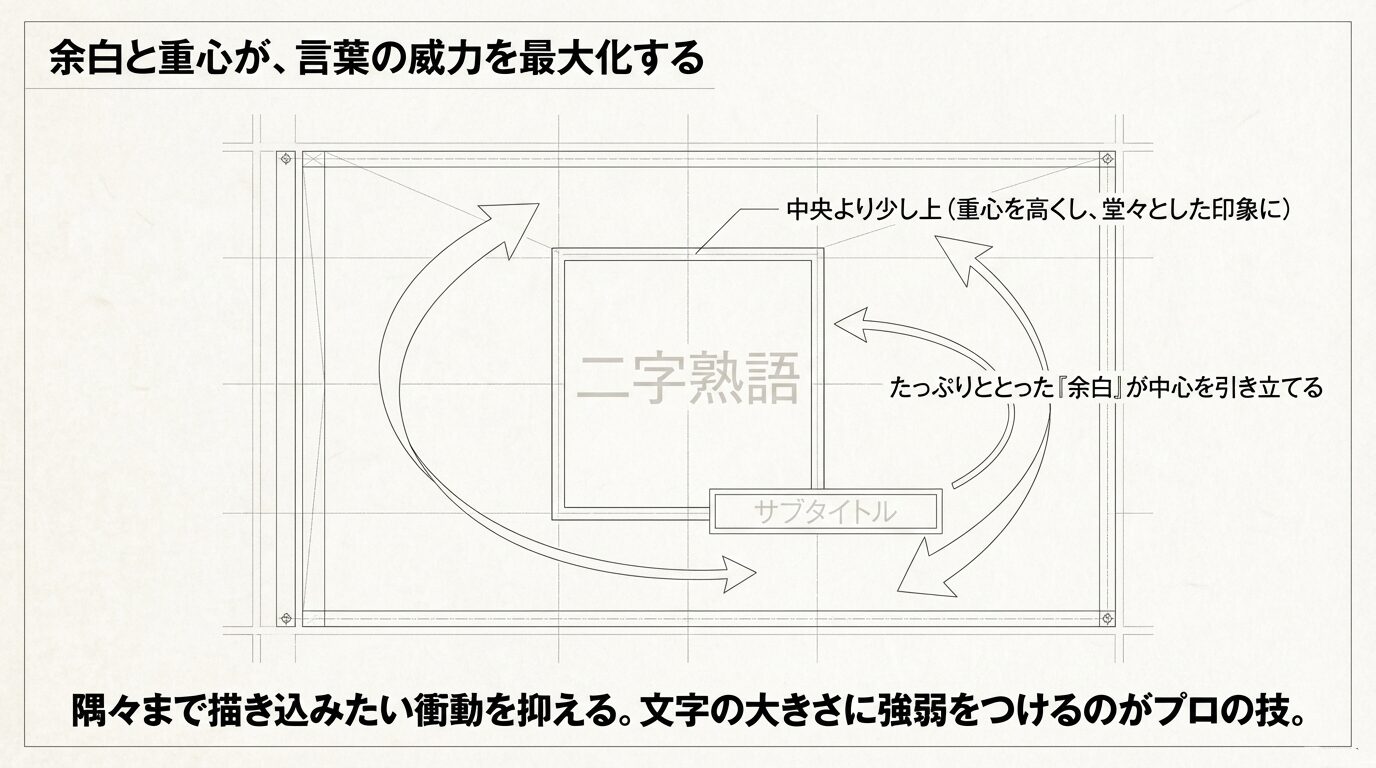 応援旗のデザイン解説図。中央より少し上に重心を置いて堂々とした印象にすることや、たっぷりととった余白が中心を引き立てること、文字の大きさに強弱をつけるコツが示されている。