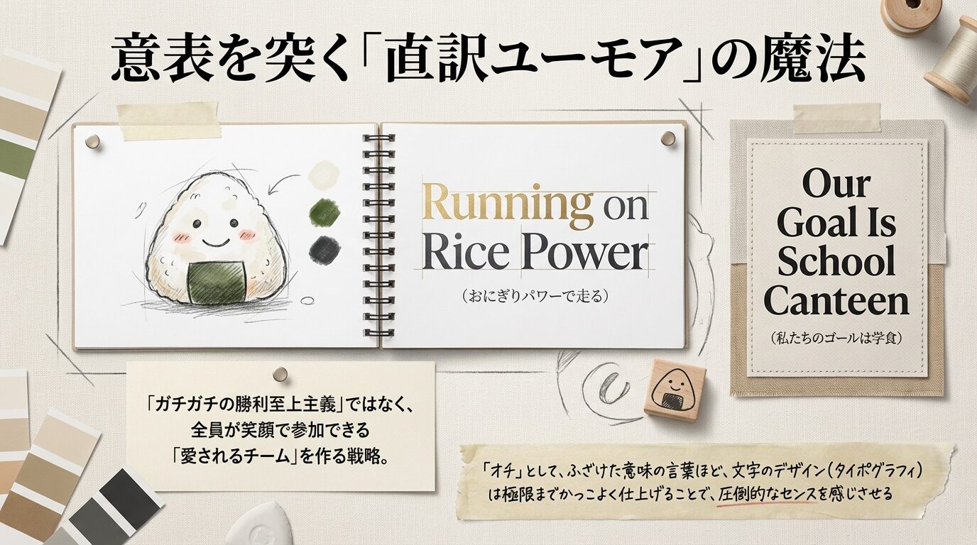 「おにぎりパワー」などのユニークな直訳フレーズ例と、あえてタイポグラフィをかっこよく仕上げる戦略の解説 