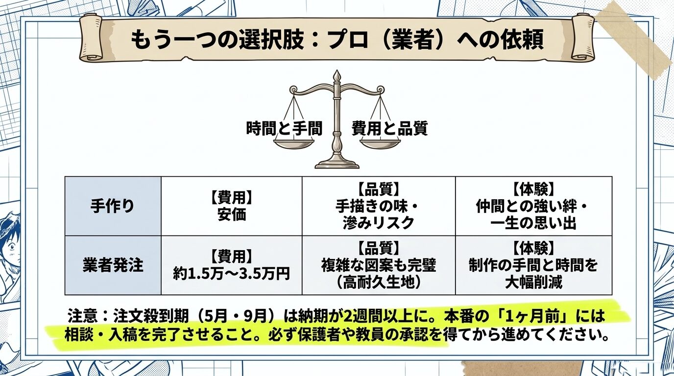 「手作り」と「業者発注」を、費用・品質・体験の3つの項目で天秤にかけて比較した検討用テーブル 。