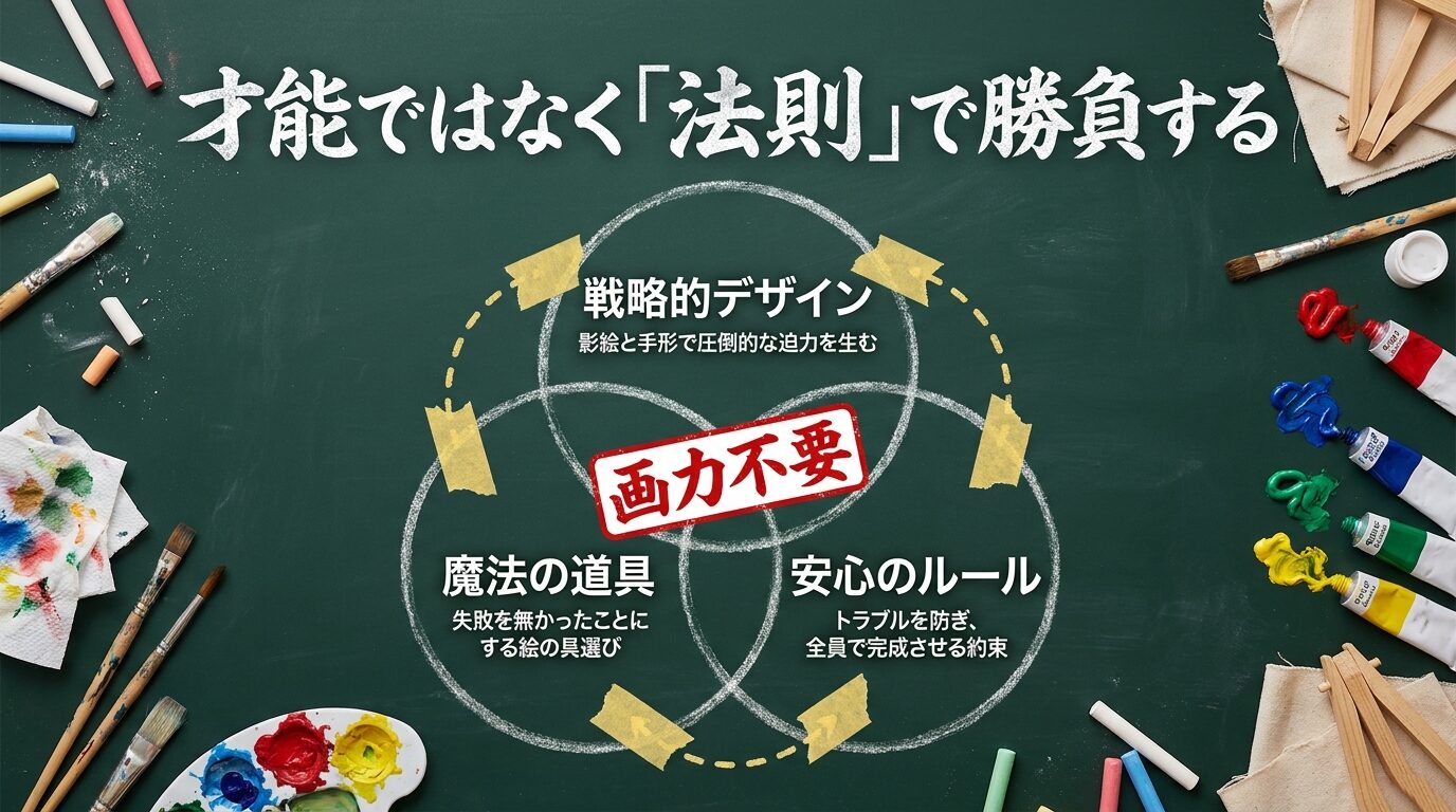 影絵と手形を活用した戦略的デザイン、画力不要の道具選び、トラブルを防ぐルールについての概要スライド