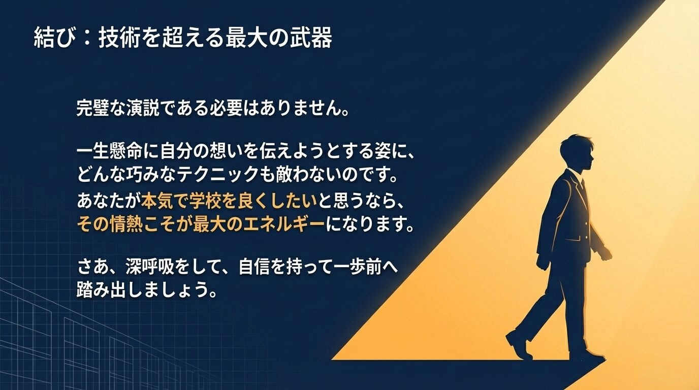 「情熱こそが最大のエネルギー」というメッセージと、一歩前へ踏み出すことを促す結びのスライド。