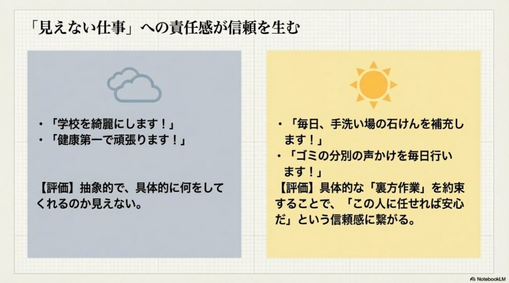 「見えない仕事」への責任感が信頼を生む。抽象的な言葉と、石けん補充やゴミ分別など具体的な裏方作業を約束する言葉の比較例。