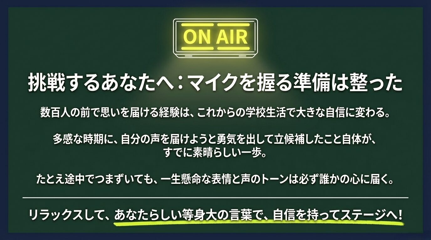 「ON AIR」のサイン。数百人の前で思いを届ける経験が自信に繋がること、立候補した勇気を称えるメッセージと、自分らしい言葉でステージに立つことを応援する結びのスライド。
