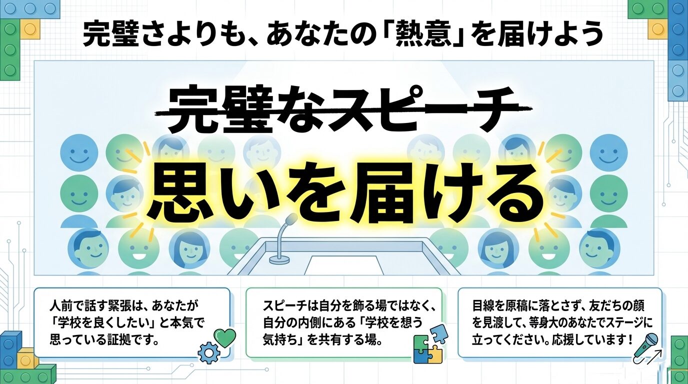 完璧なスピーチを目指すよりも、自分の内側にある熱意を届けることが大切だと伝える応援図。