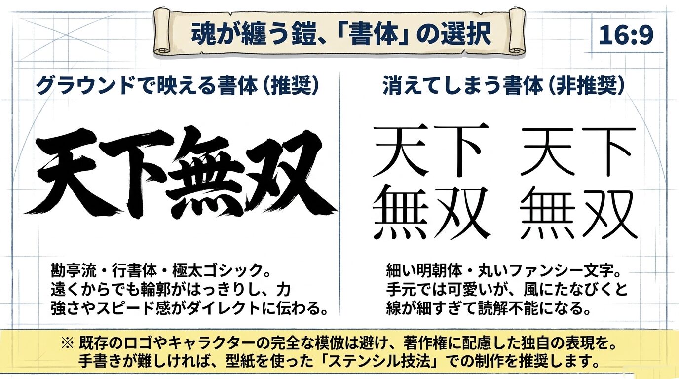 遠くからでも映える勘亭流や行書体などの推奨書体と、細すぎて消えてしまう明朝体などの非推奨書体を比較したスライド 。