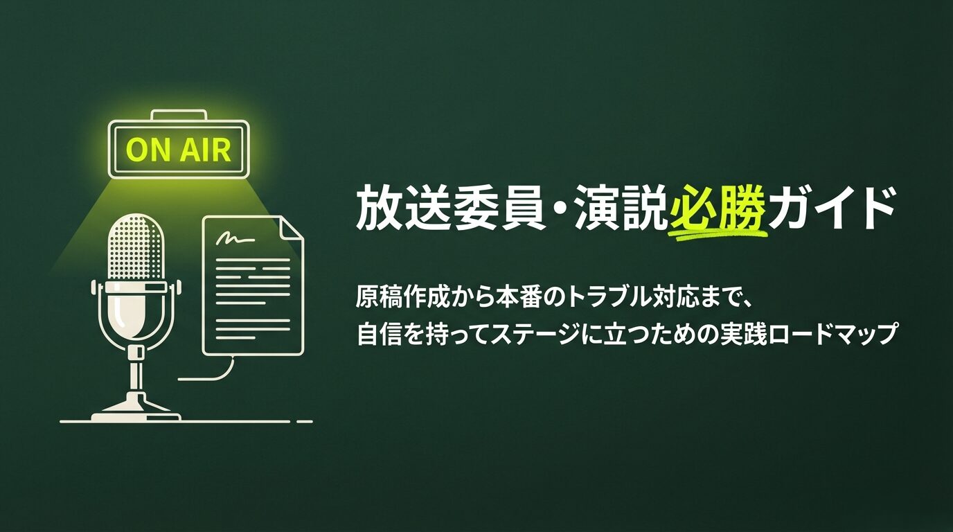 「ON AIR」のネオンサインとマイク、原稿のイラスト。中央に「放送委員・演説必勝ガイド：原稿作成から本番のトラブル対応まで、自信を持ってステージに立つための実践ロードマップ」というタイトル。