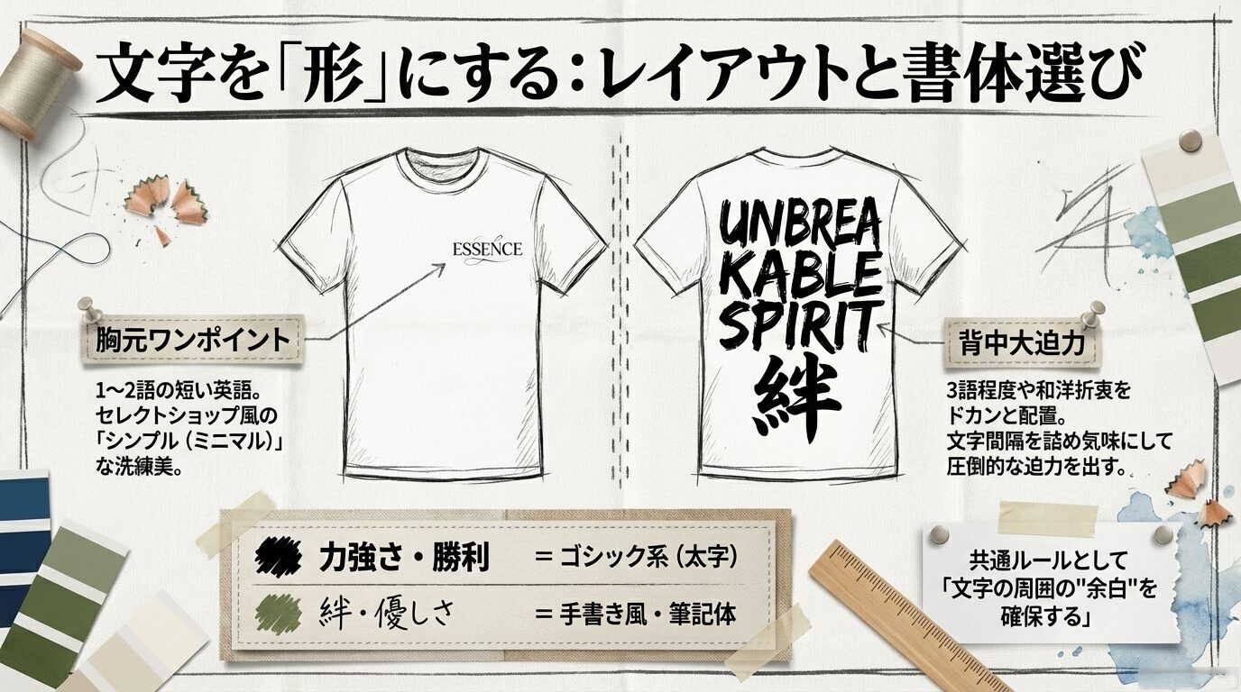 胸元ワンポイントのミニマル美と背中大迫力の配置。ゴシック系や筆記体などの書体による印象の違いを説明