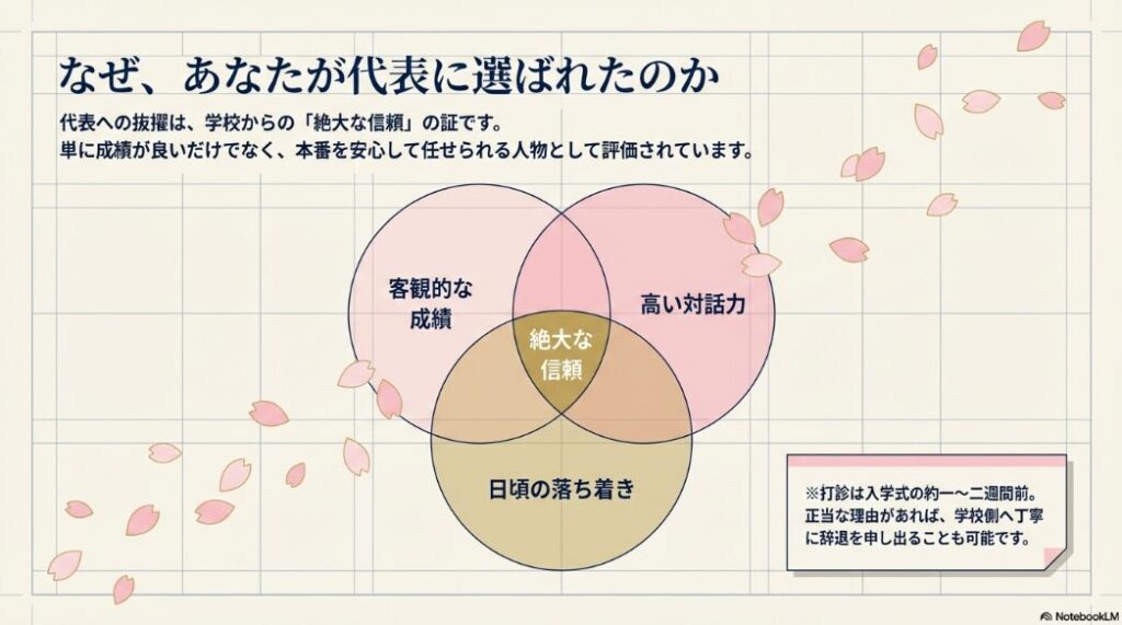 新入生代表に選ばれる生徒の特徴（客観的な成績、日頃の落ち着き、高い対話力）と絶大な信頼を示す図解