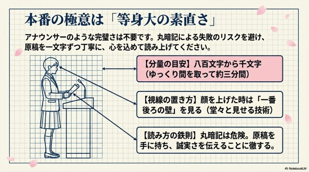 新入生代表挨拶本番の極意（分量の目安である800〜1000文字、一番後ろの壁を見る視線の置き方、丸暗記はしない読み方の鉄則）