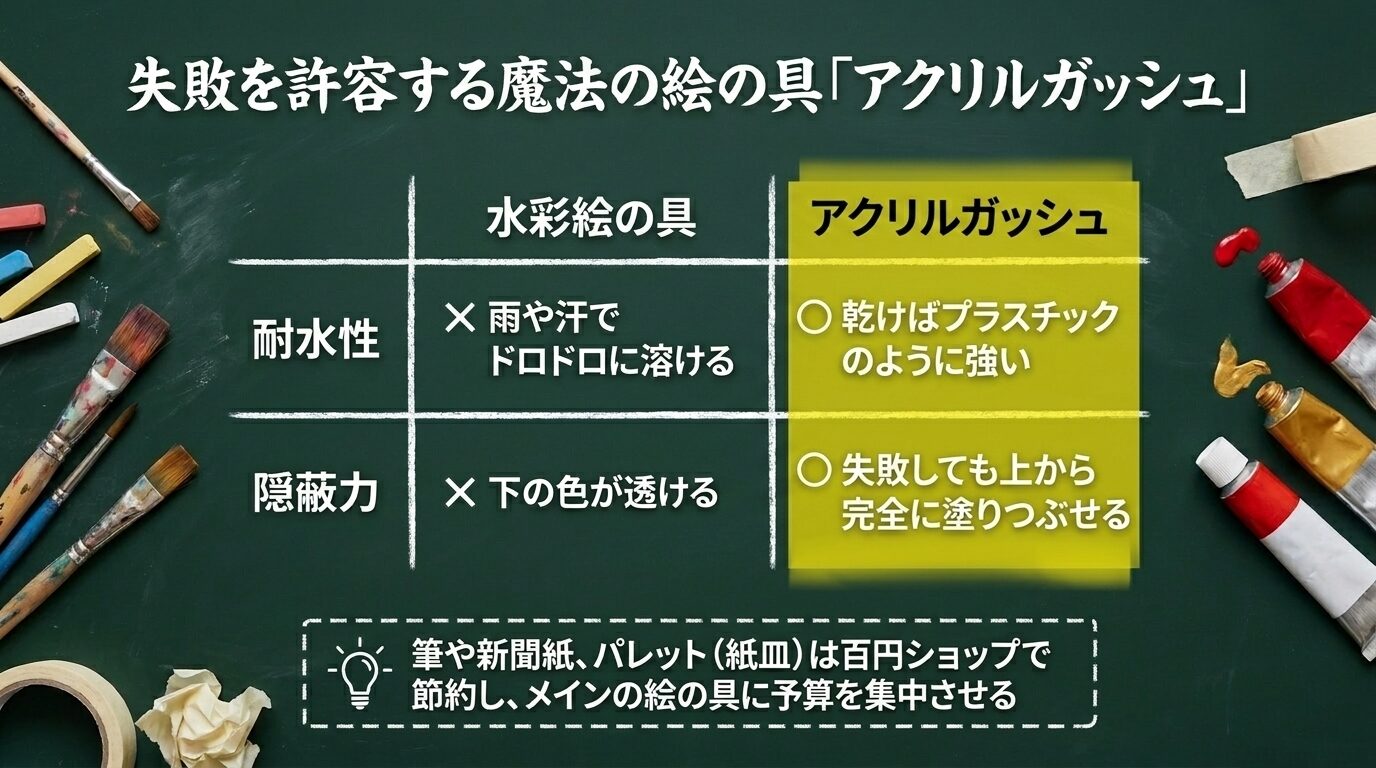 水彩絵の具とアクリルガッシュの比較表。耐水性があり、失敗しても上から完全に塗りつぶせる隠蔽力の違いについての説明