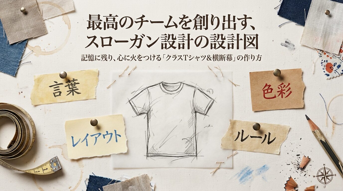 「言葉」「レイアウト」「色彩」「ルール」の4要素を軸に、記憶に残り心に火をつけるクラスTシャツと横断幕の作り方を解説するスライドの表紙