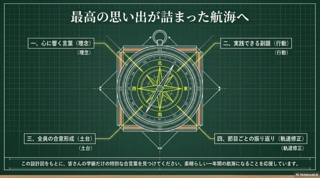 羅針盤の図を中心に、学級目標の4つの要素である「心に響く言葉(理念)」「実践できる副題(行動)」「全員の合意形成(土台)」「節目ごとの振り返り(軌道修正)」をまとめた全体設計図