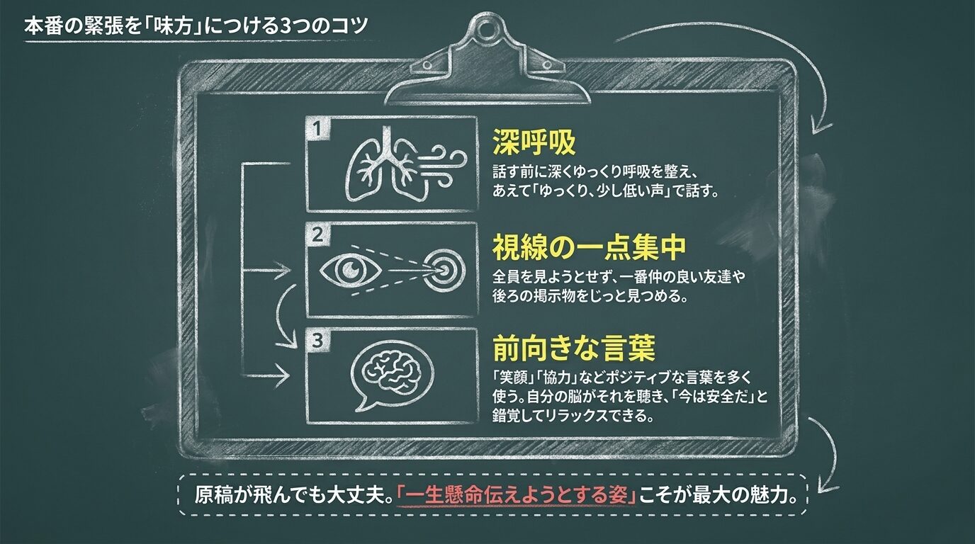 1.深呼吸（ゆっくり低い声）、2.視線の一点集中（友達や掲示物を見る）、3.前向きな言葉の使用、という緊張を和らげるための3つの具体的なコツをまとめたスライド。