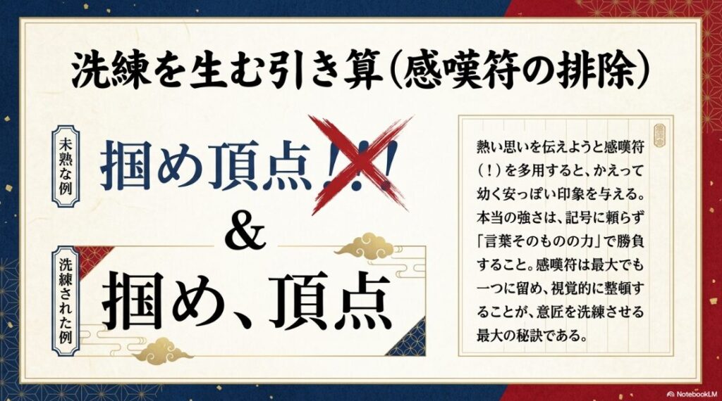 感嘆符を排除して言葉そのものの強さで勝負するスローガンの洗練テクニック解説図