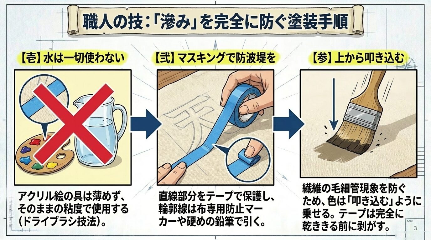 水を使わないドライブラシ技法、マスキングテープによる保護、色の叩き込みという、滲みを防ぐ3つの塗装手順の解説 。