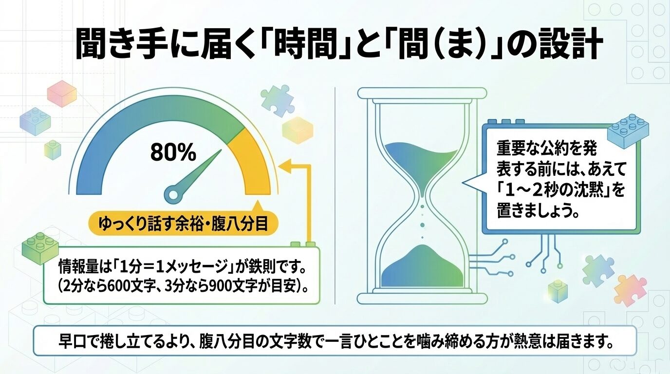 1分300文字の目安と、重要な公約の前に沈黙（間）を置くテクニックを説明した砂時計の図。