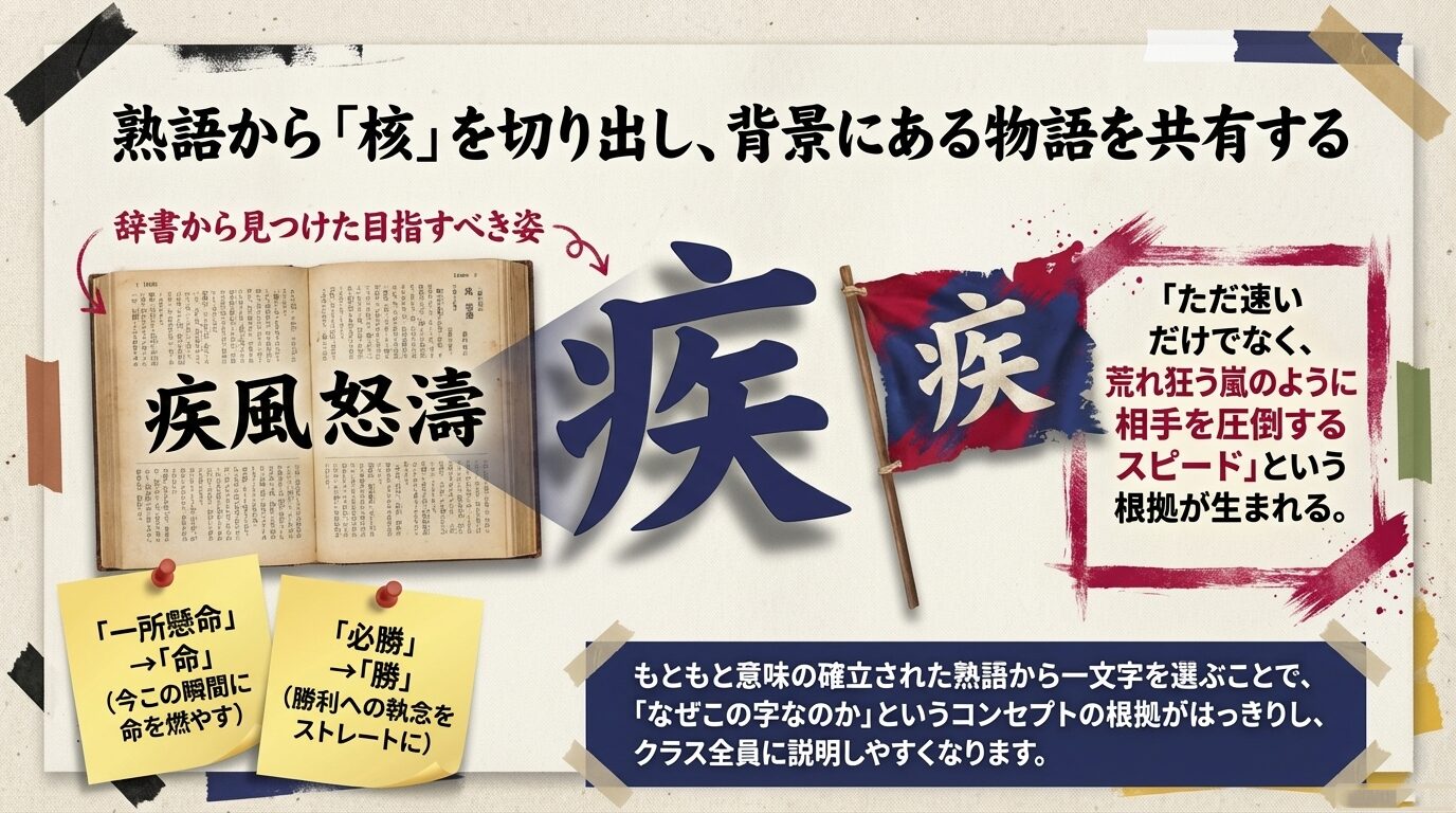 「疾風怒濤」から「疾」を、「一所懸命」から「命」を抽出する例を挙げ、元の熟語の意味を背景に持つことでクラス全員に説明しやすくなるメリットを解説する図。