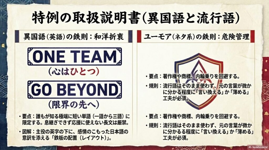 英語スローガンの和洋折衷の鉄則と、ユーモアスローガンの危険管理についての解説図