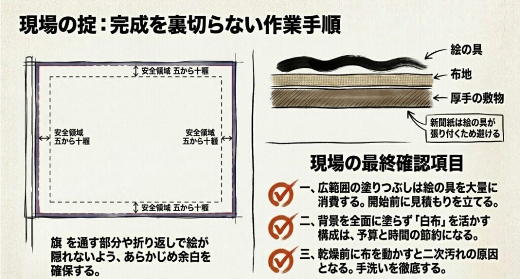 旗を通す部分が隠れないようあらかじめ確保する5から10の安全領域の図解や 、絵の具が張り付く新聞紙を避けて厚手の敷物を使用すること 、絵の具の見積もりなどの現場の最終確認項目をまとめたスライド