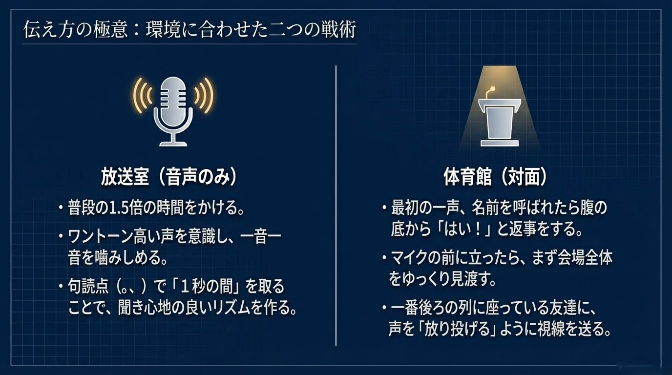 放送室(音声のみ)と体育館(対面)それぞれでの話し方や視線の送り方のコツをまとめた比較図。