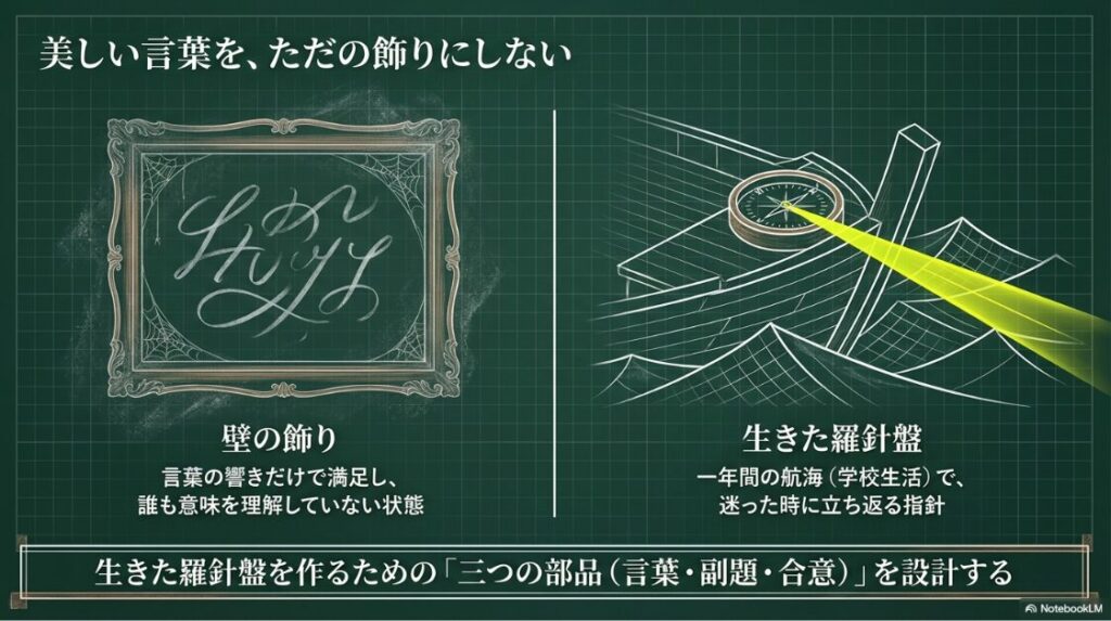 「美しい言葉を、ただの飾りにしない」というメッセージと共に、言葉・副題・合意の3つの部品を設計することで、迷った時に立ち返る指針(生きた羅針盤)になることを説明した図 。