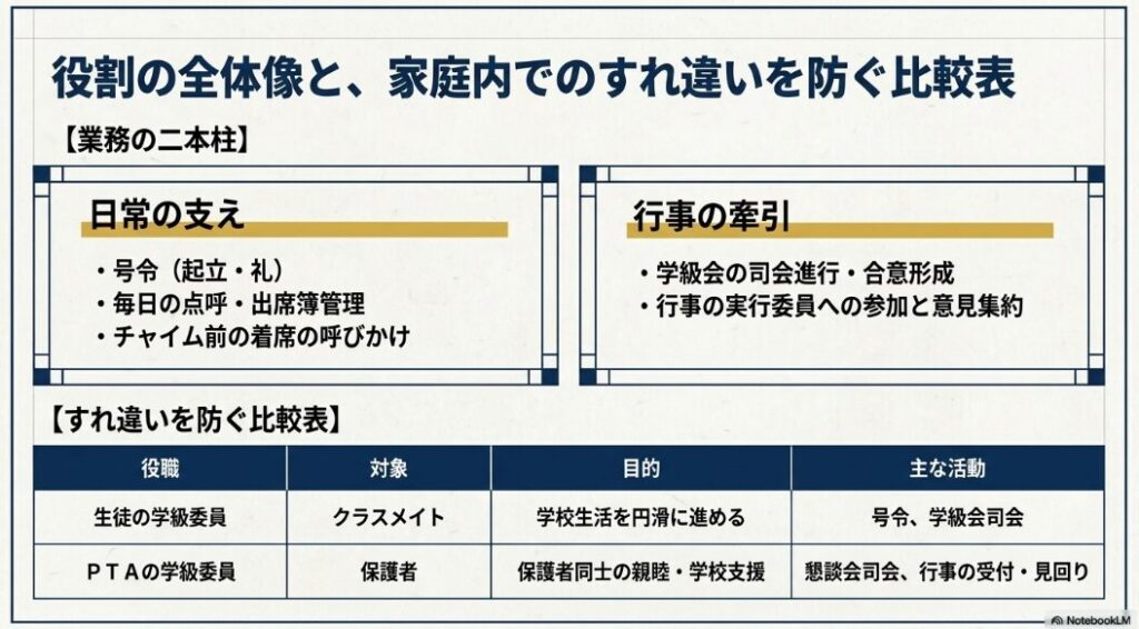 生徒の学級委員とPTAの学級委員における、対象・目的・主な活動内容の違いをまとめた比較表