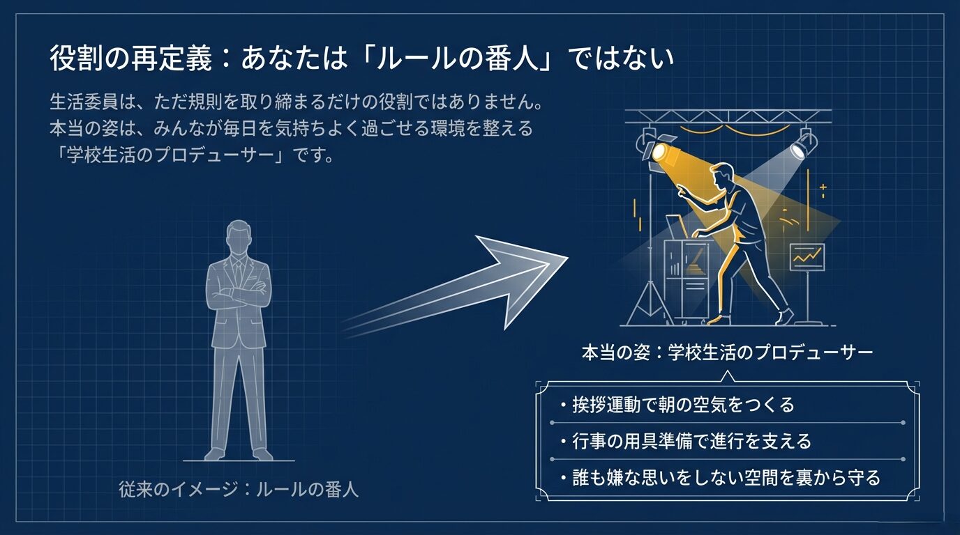 生活委員を「ルールの番人」ではなく「学校生活のプロデューサー」と再定義し、挨拶運動や裏方での支えを強調する図解。