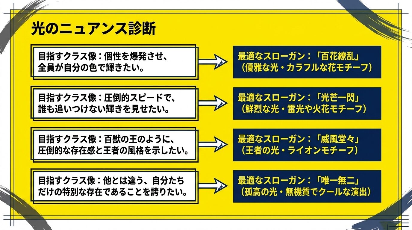 「百花繚乱」「光芒一閃」「威風堂々」「唯一無二」の4つについて、それぞれが目指すクラス像（個性、スピード、存在感、特別感）にどう合致するかを示す診断表。