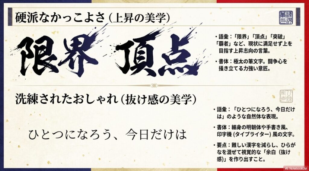 限界や頂点などのかっこいい表現と、ひらがなを混ぜたおしゃれな表現の比較図解
