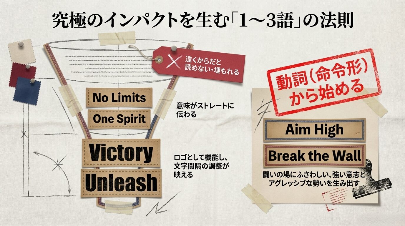 視認性とインパクトを最大化するための1〜3語のルール。UnleashやVictoryなどの単語例と、動詞の命令形から始めるメリットを解説