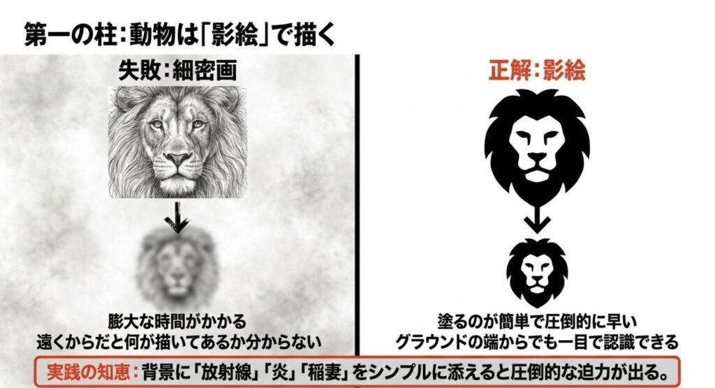 膨大な時間がかかるリアルなライオンの細密画（失敗例）と、圧倒的に早く塗れて一目で認識できるライオンのシルエット影絵（正解例）の比較画像