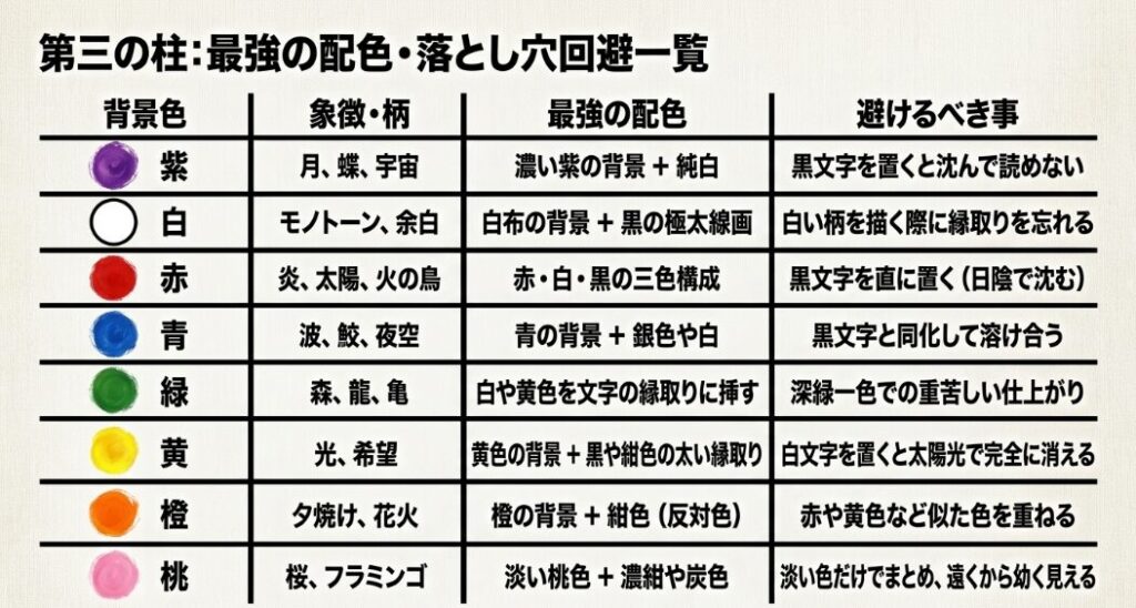 紫、白、赤、青、緑、黄、橙、桃の各背景色に対する象徴や最強の配色、および避けるべき落とし穴をまとめた一覧表